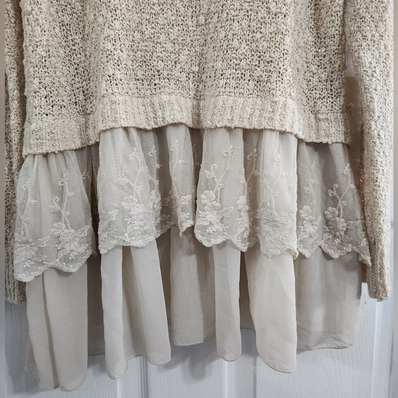 Cream open knit sweater tunic embroidered lace antique balletcore Fairy Med - Picture 6 of 8